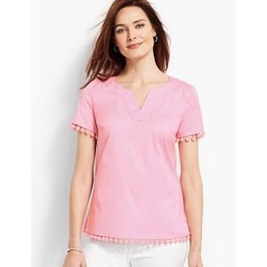Talbots Women Bubblegum Pink Poplin Pom Pom Top‎ Short Sleeve Blouse Side Zip XS